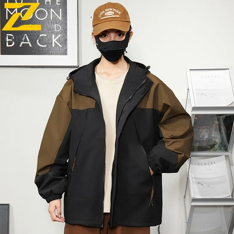 

COMXZ 2025 Мужская куртка больших размеров, осенняя уличная куртка для путешествий, кемпинга, езды на велосипеде, ветровка с капюшоном, повседневное пальто с цветными блоками