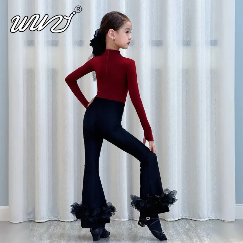 

Одежда для латинских танцев по индивидуальному заказу, профессиональный костюм для девочек, комплект для танцев ча-ча, танго, самбы, топ с длинными рукавами и брюки