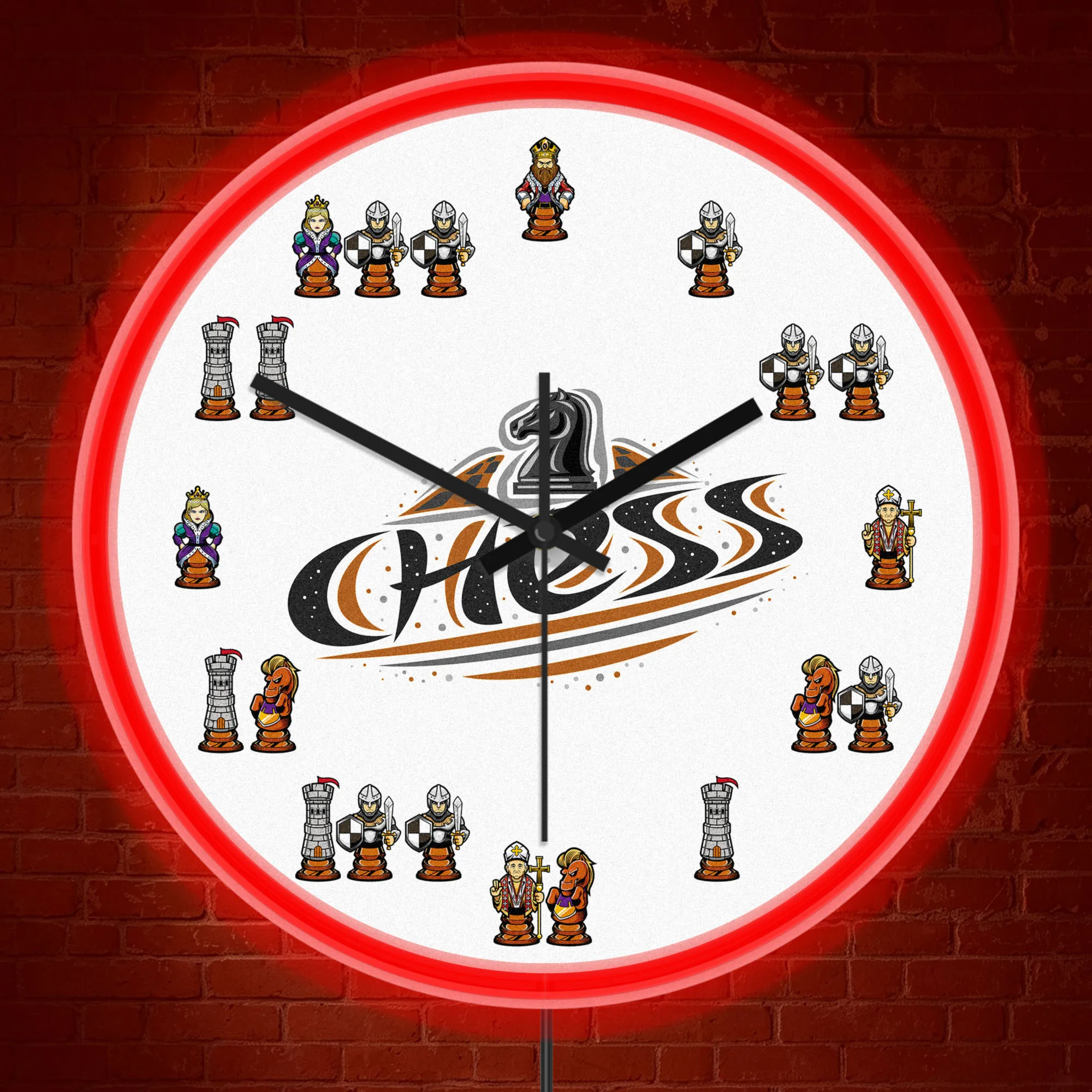 Chess Game Character Collection Neon Wall Clock Board Game Illuminated Sign Chess King Queen Knight LED Night Light Wall Clock