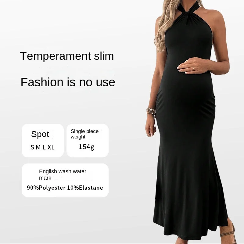 Black Maternity Women Backless Halter Dresses Summer Premama Sleeveless Maxi Photo Shoot Dress Pregnant Women Photography Dress