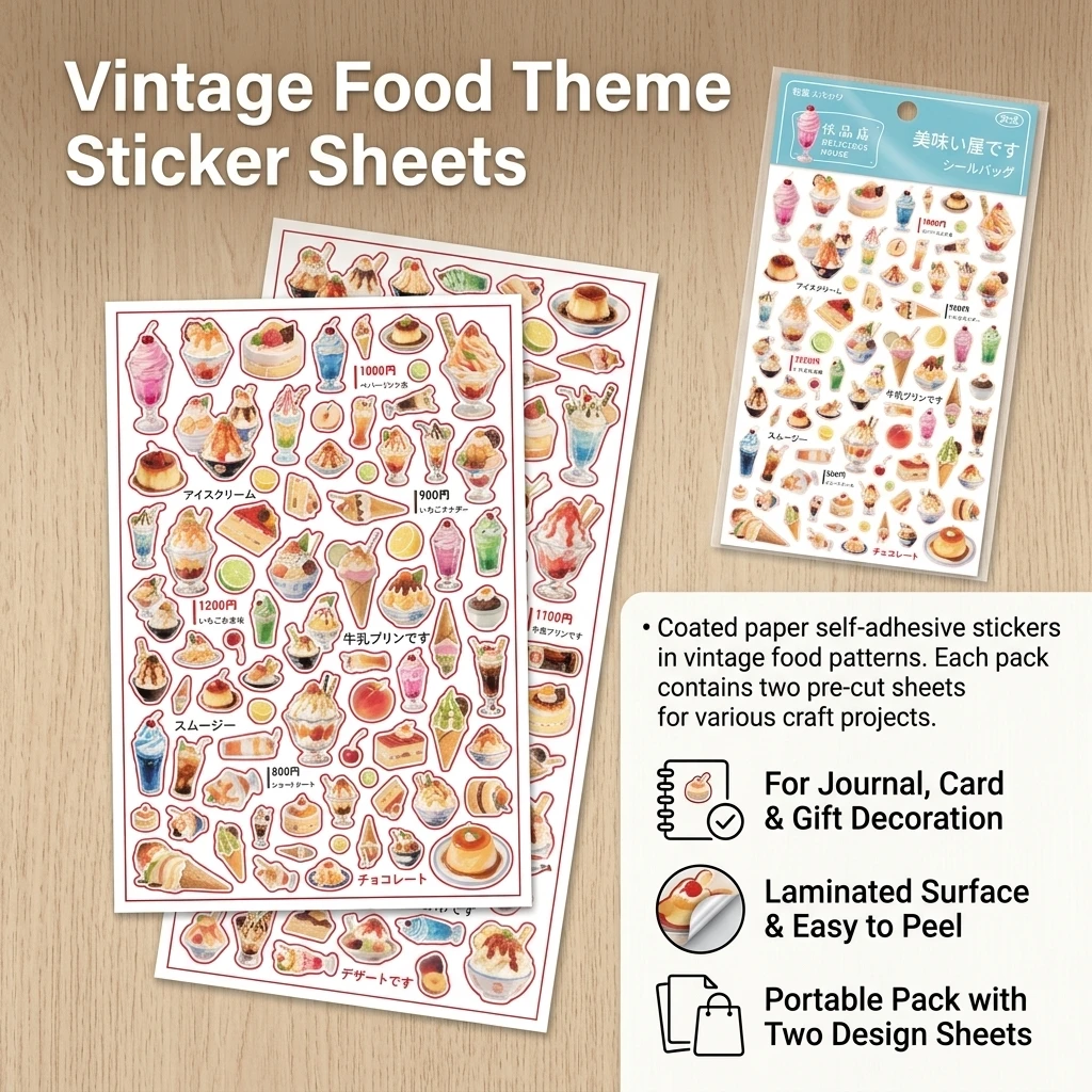 Vintage Food Stickers 2 Sheets Coated Paper DIY Scrapbook Decoration Set Laminated Self Adhesive Decals for Journals Cards Gift