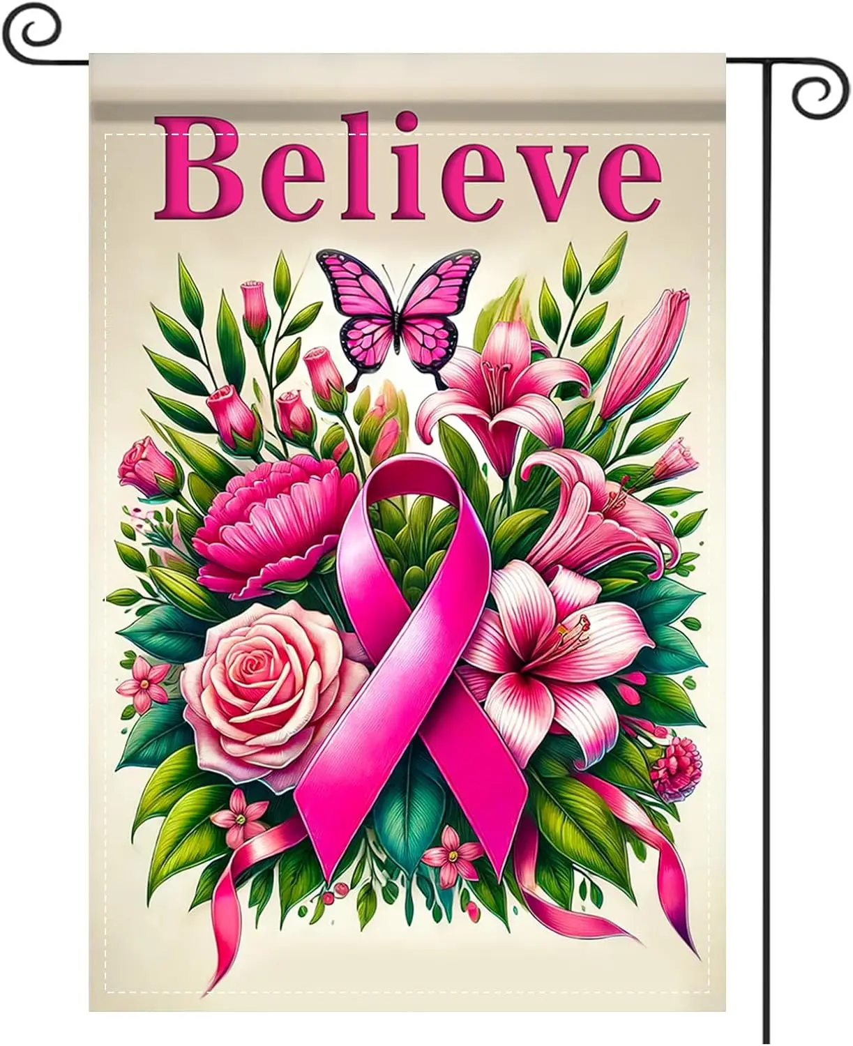 Breast Cancer Section Garden Flag Believe Floral Design - Polyester, 12x18 Inches Breast cancer section garden flags for out MMZ