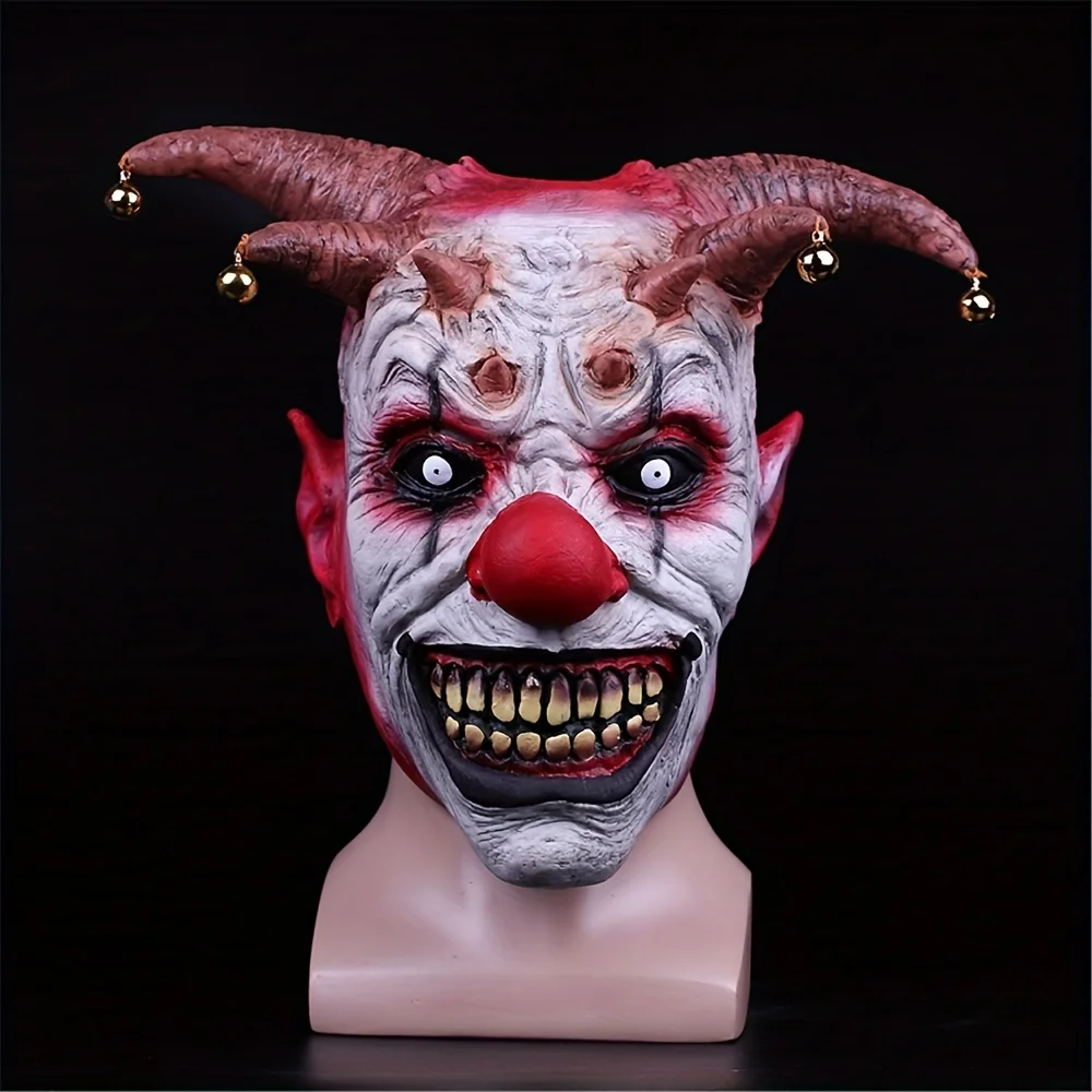 Máscara de payaso escalofriante para hombre, cara completa de látex, máscara de Cosplay aterradora con campanas de colores, estilo Joker, diseño lindo, perfecto para Halloween