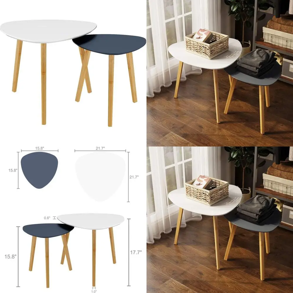 

Modern Minimalist White & Grey Bamboo Nesting Triangle Side Tables Set of 2 for Living Room & Balcony