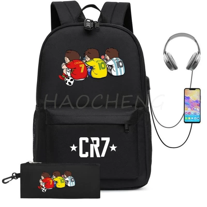 Hot Football CR7 Backpack Colorful Waterproof USB Charge School Bags for Teenagers Girls Boys Female Rucksack Mochila