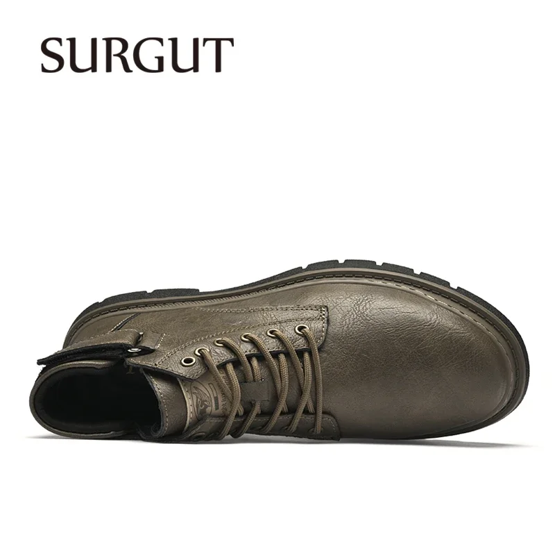 SURGUT New Casual Split Leather Shoes Men Brand Retro Autumn Winter Fur Waterproof 2024 Fashion Business Working Men Snow Boots