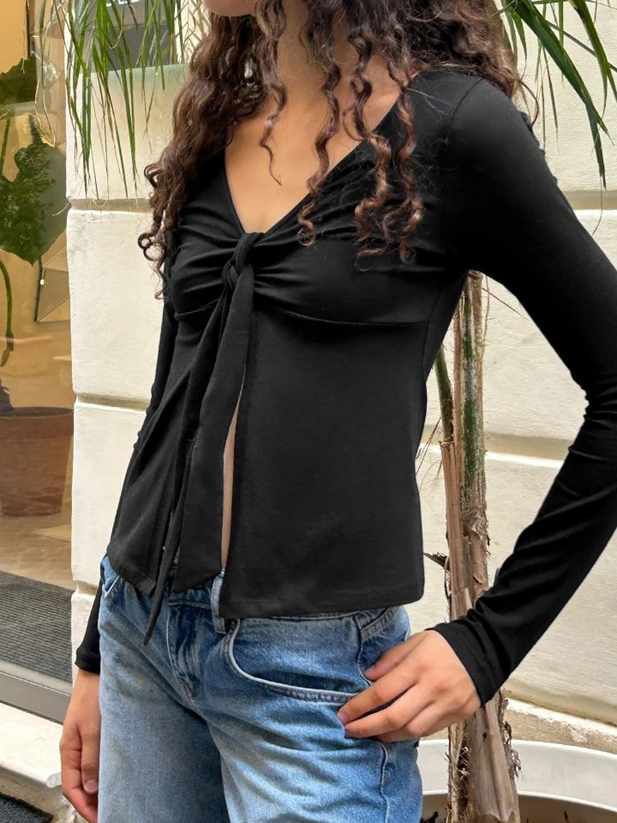 

Knot Long Sleeve T-shirt Autumn Sexy V-neck Slim Tee Shirts Female Casual Simple Solid All-match Woman's Tshirts New Chic Tops