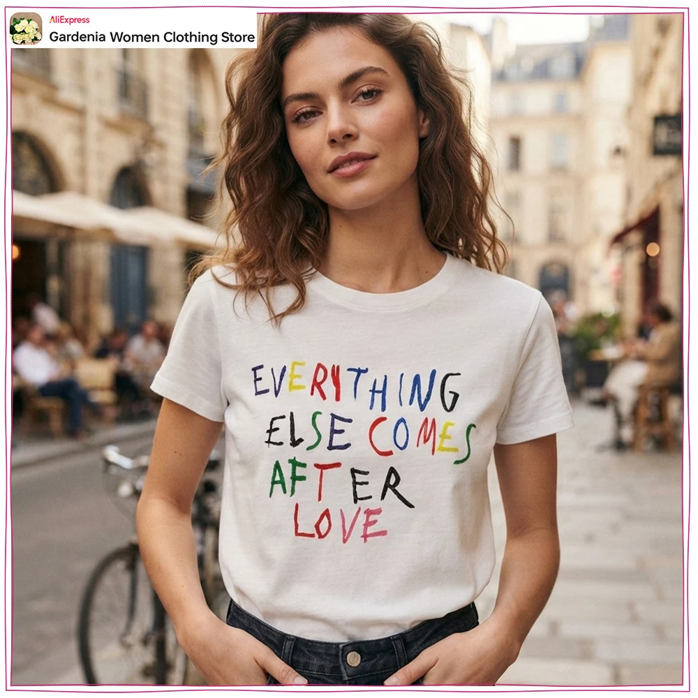 Summer Multicolored Text Print T-shirt for Women New Regular Fit Cotton T-shirt O-Neck Short Sleeves Tees with Contrasting Text