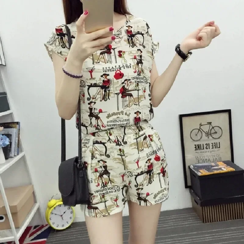 

Summer Loose Oversized Sweet Elegant Printed Women's Shorts Set Casual Fashion Short Sleeved Top T-shirt 2-piece N332