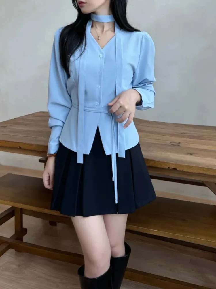 Coreano sle chique vintage v-ne faionable nelace design versátil irt cintura alta emagrecimento topo pequeno irt
