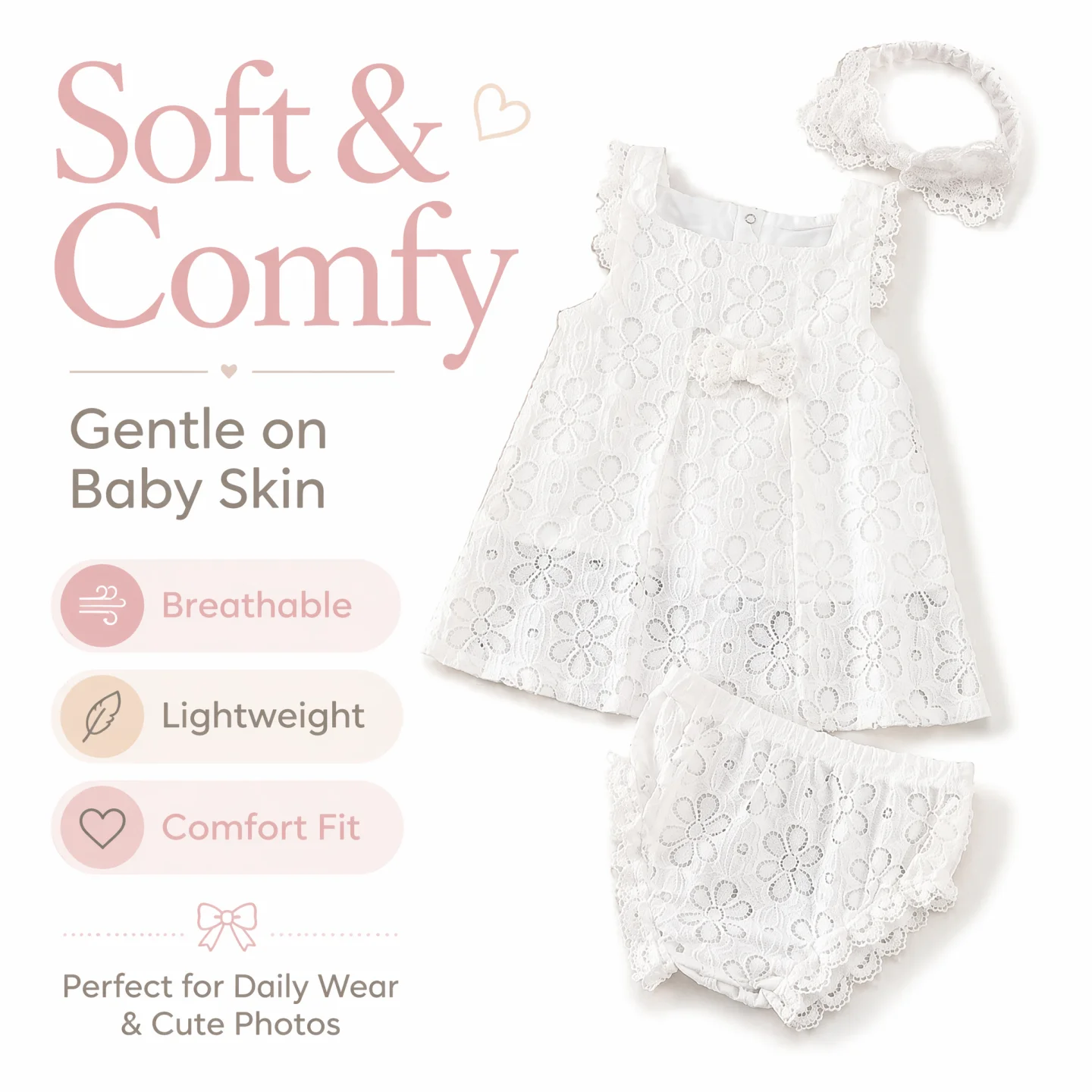 Baby Girls Lace Dress Set White Floral Princess Sleeveless Summer Outfit Headband Bloomers Birthday Party Clothes 9-24 Months