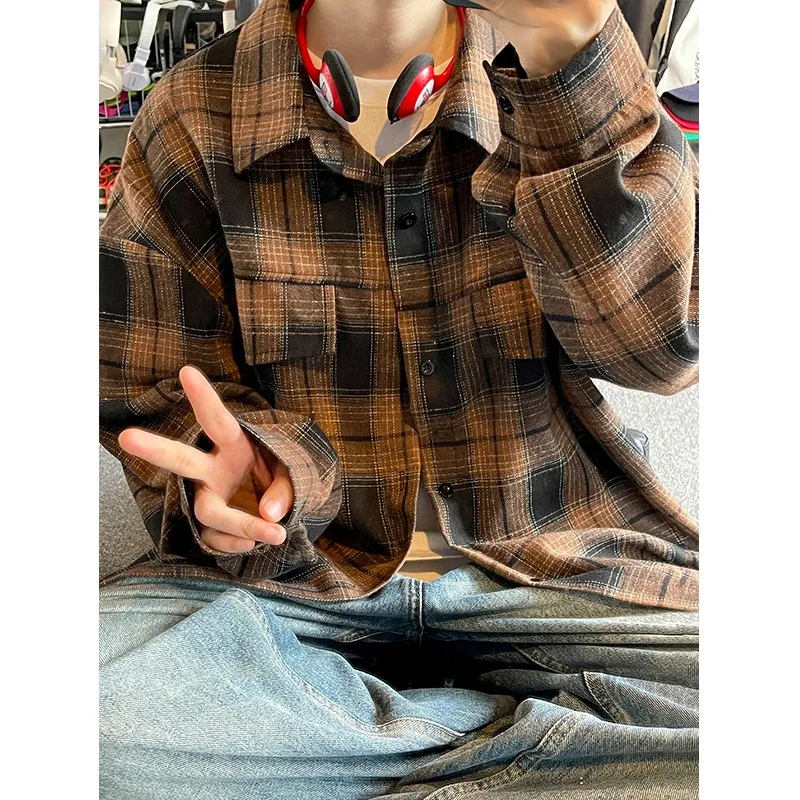 Men's 2026 Spring Japanese Vintage Checkered Long Sleeve Shirt - Black & Coffee Check (Unisex Loose Fit) M-5XL