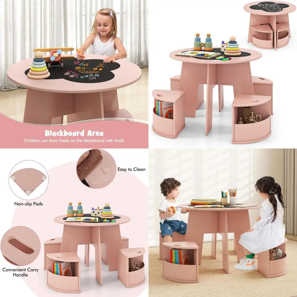 

Деревянный детский игровой стол с 4 табуретами для хранения, низкий столик-трансформер, поверхность с доской для рисования, подходит для детей от 3 лет