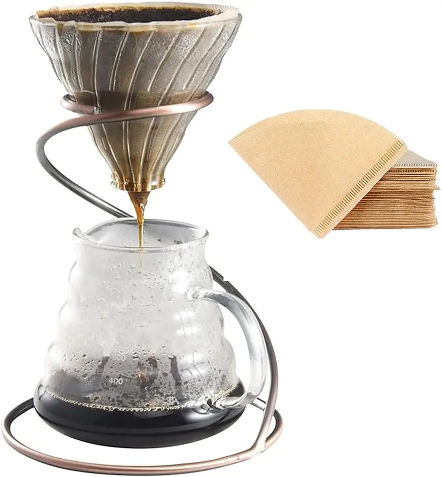 Pour Over Coffee Maker Set Includes Glass Coffee Dripper Metal Dripper Stand, Heat Resistance 600ml and 100pcs paper 4 in 1 Set