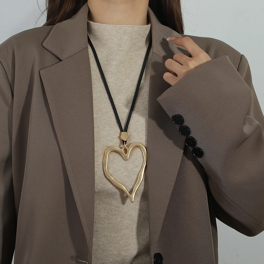 ALLYES Irregular Hollow Big Heart Pendant Necklace for Women Vintage Black Leather Rope Chain Necklaces Charm Jewelry