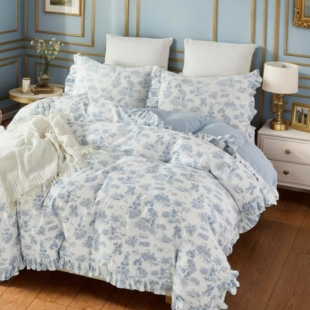 

Vintage Blue Floral Print French Country Toile Duvet Cover Set - 100% Cotton Queen Size for Women's Bedroom