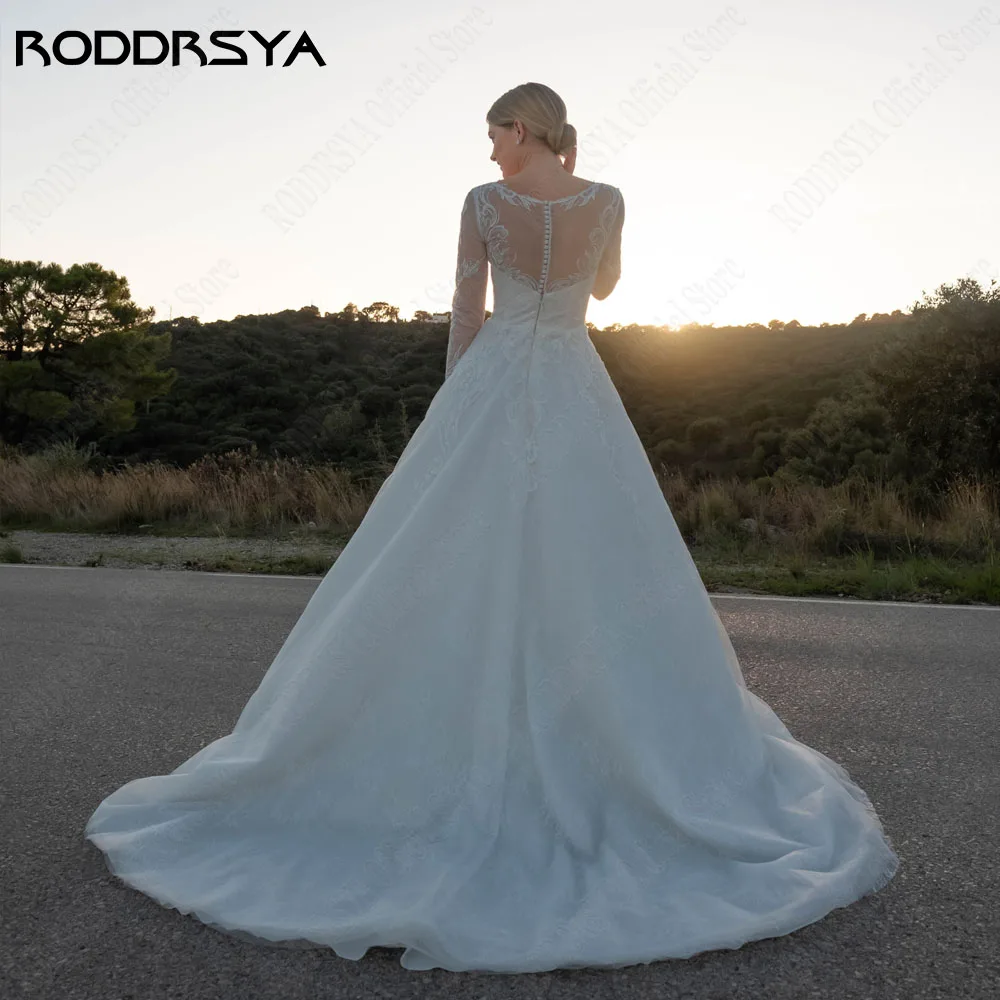 RODDRSYA Boho Illusion Wedding Gowns 2024 A-Line V-Neck Long Sleeves Bride Gowns Button Back Applique Tulle Bridal Dress