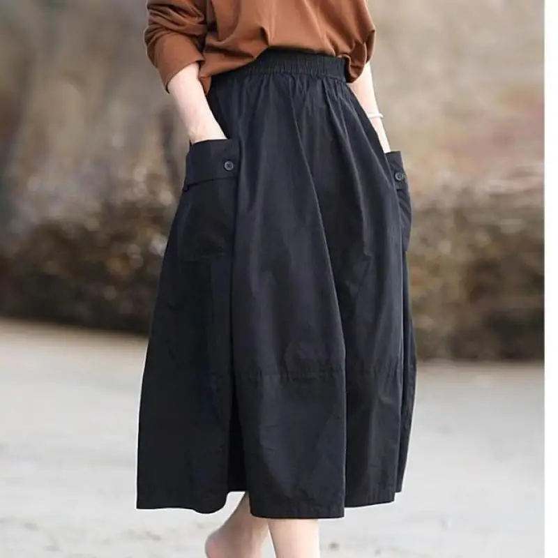 New Arrival Spring Autumn Arts Style Women Elastic Waist Loose A-line Skirt All-matched Casual Double Pockets Solid Long Skirt