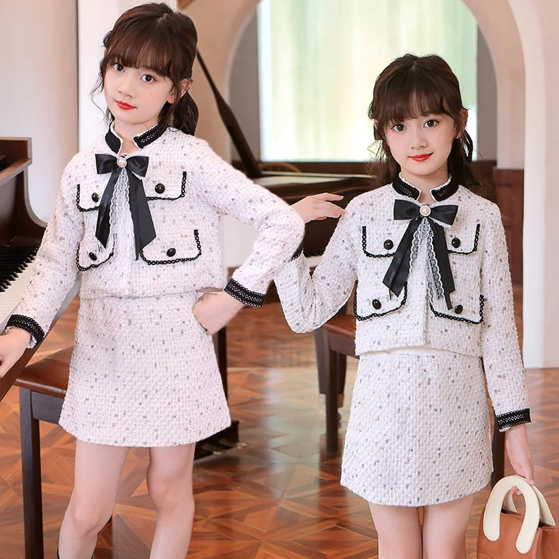 Tween Girls Tweed Jacket and Skirt Set with Bow Elegant Preppy Girl Suits Two Piece Clothes Set Spring Fall Party School Kids