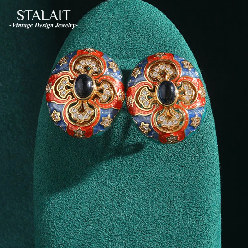 

Colored Enamel Stud Earrings Vintage for Women Oval Palace Carved Pattern Hollow New Natural Stone Antique Jewelry Accessories