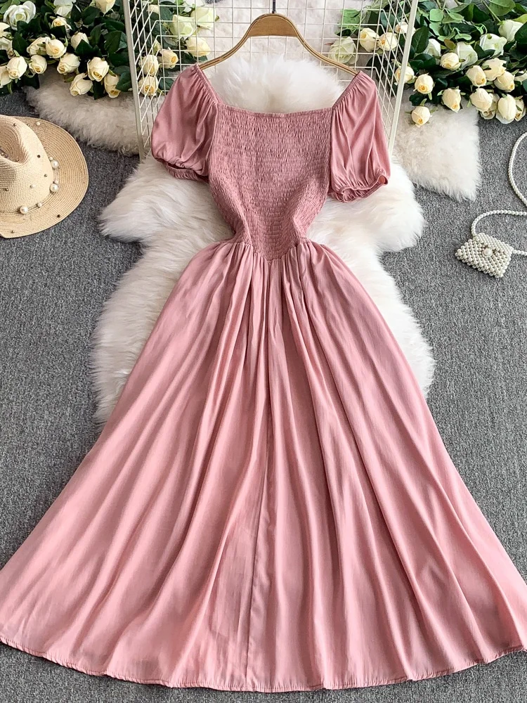 een Elely Tied Square Collar Bubble Sve Dr Women's Summer Pleated Waist Cinching Slimming Maxi Skirt Korean Sle
