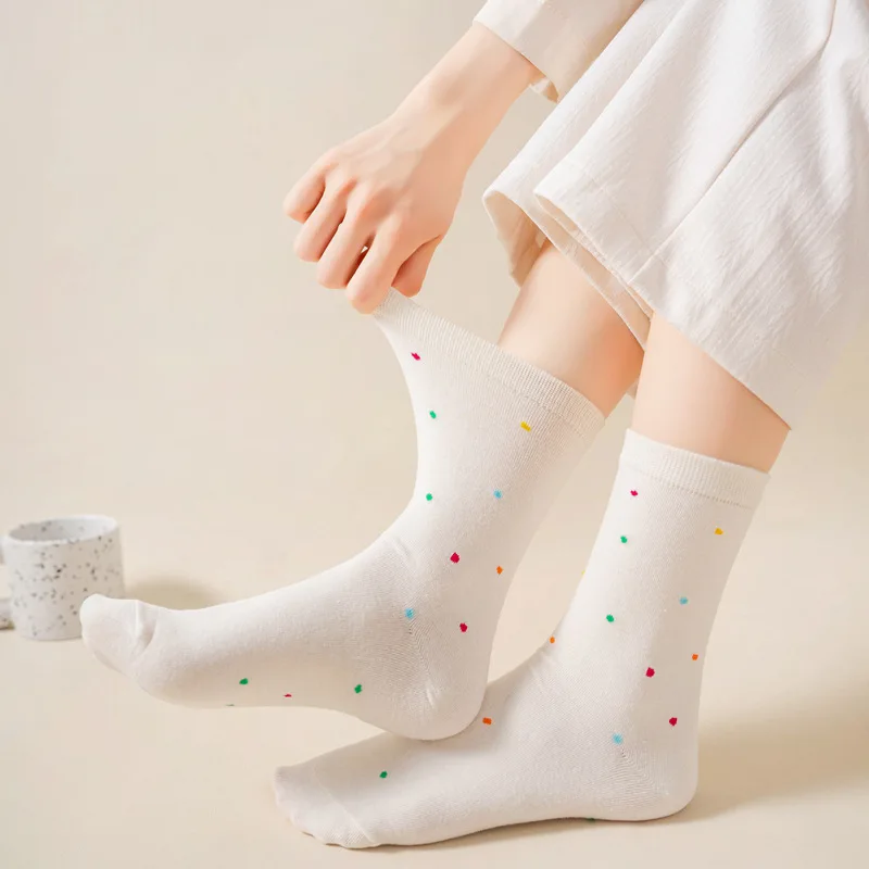 Japanese Fashion Women Socks Multicolor Polka Dot Cotton Middle Tube Socks College Style Striped School Students Long Socks Sox