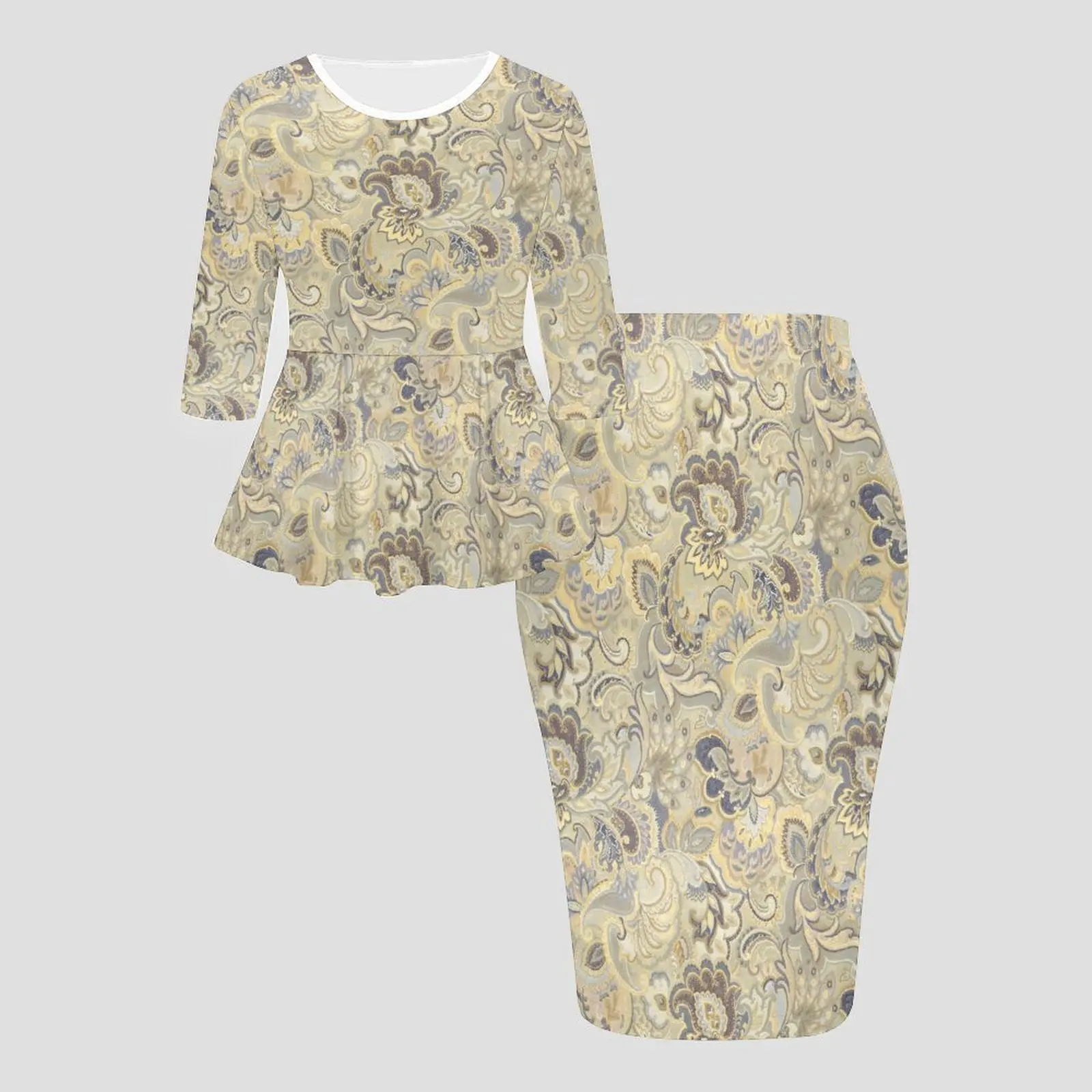 Autumnand Winter Crew Neckthree-quarter Sleeve  Ladies Tight-fitting Knee-length SkirtRetro Elegant Printed Party Two-piece Set