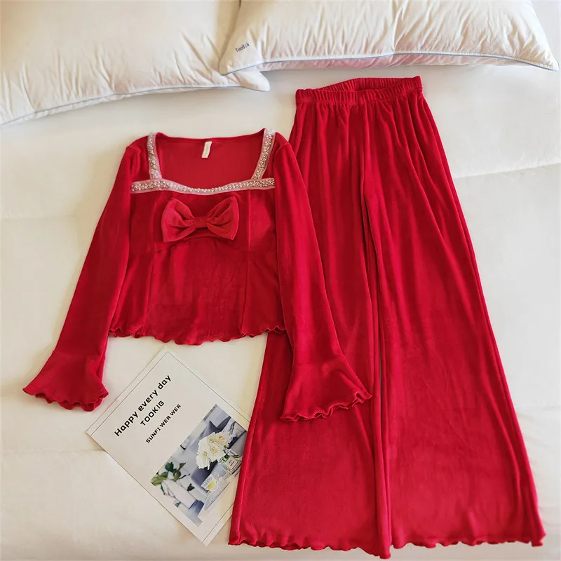 

High Quality New Home Suit For Women Bow Sweet Warm Nightwear Winter Woman's Pajama Chest Pad Top With Pant Set Lounge Pyjamas