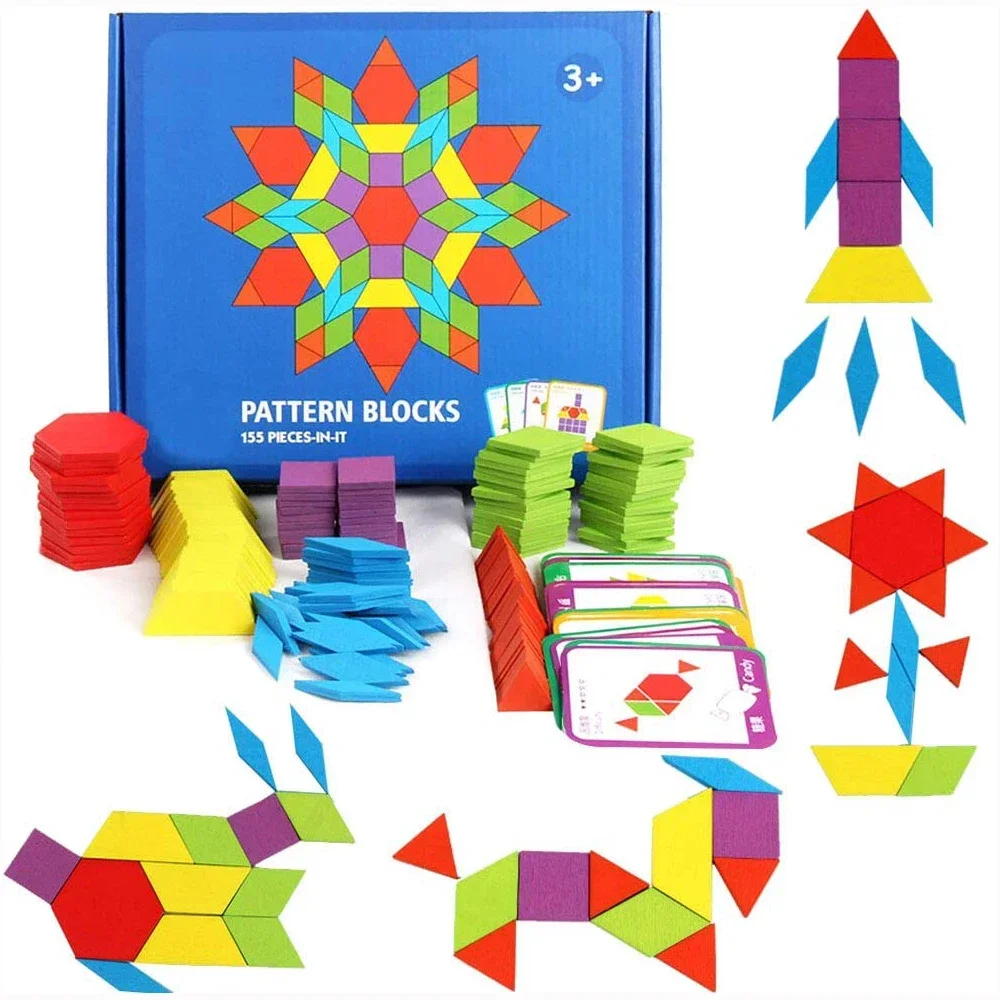155Pcs Wooden Geometric Pattern Blocks Set, Classic Montessori Tangram Shape Puzzle, Kindergarten Early Learning Toy for Kids