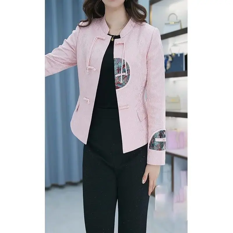 New Chinese Button Suit Jacket Women's Outwear 2024 Spring Autumn New Vintage Blazer Slim Long Sleeve Design Sense Jackets