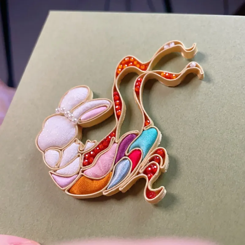 Magnetic Disc Button Brooch Intangible Cultural Heritage Dunhuang Jade Rabbit Cheongsam Ornament