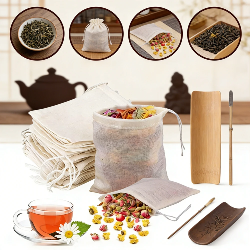 

10-100Pcs Multi-Size Empty Tea Bags, Drawstring Disposable Filters for Loose Leaf, Herbs & Spices, Easy Seal