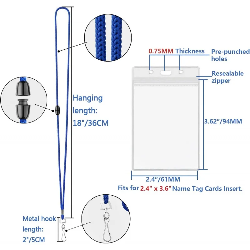 Breakaway Lanyards for ID Badges 25 Pack Blue with Vertical ID Holder, Clear Waterproof Plastic ID Badge Holder with Lanyard,