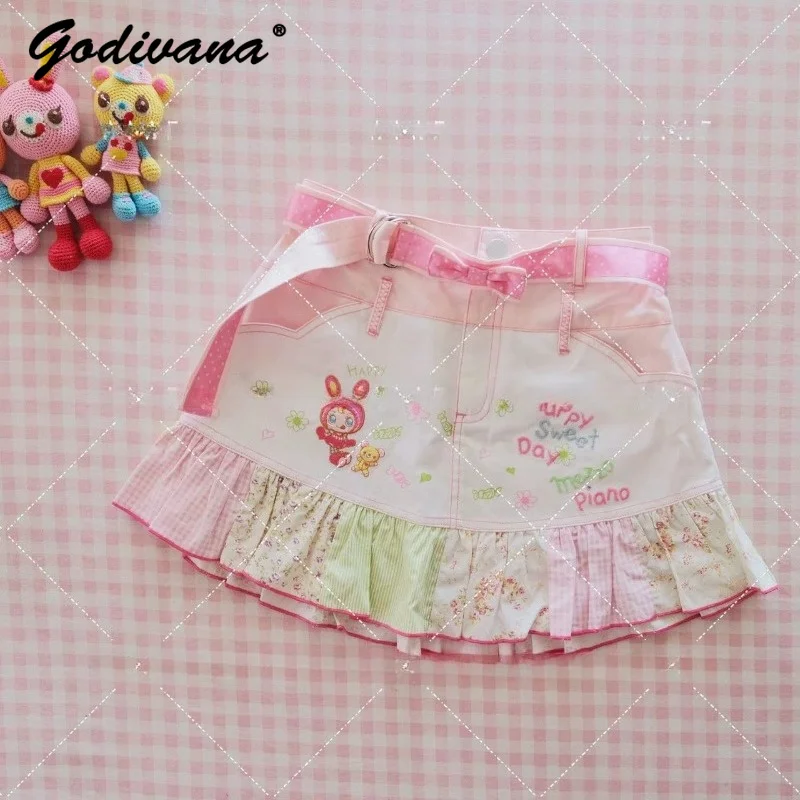 

Japanese Style Daughter Girls Sweet Cute Cartoon Embroidered Mini Skirt Subculture Y2k Women's Kawaii Denim Skirts