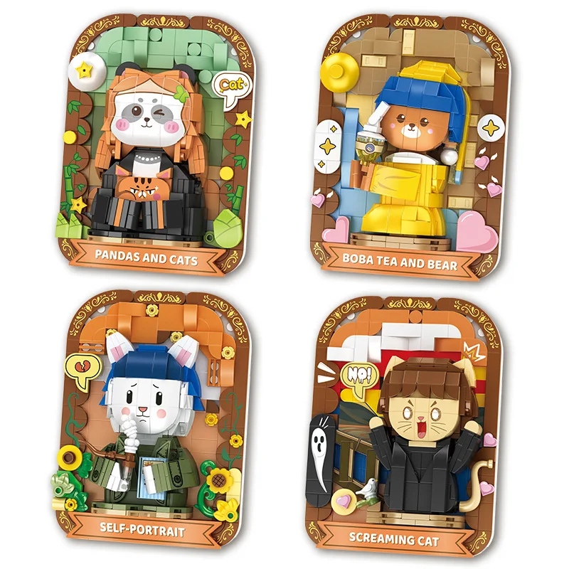 

Cartoon Art Painting Building Block Mona Lisa Panda Scream Cat Van Gogh Rabbit Girl Bear Bricks Figures Toys For Kids Gifts