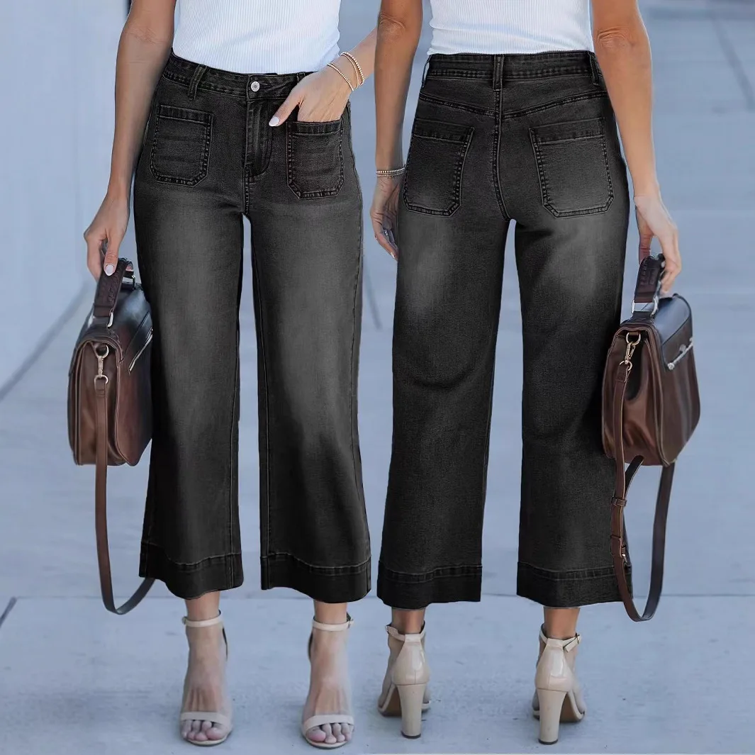 

Loose Wide Leg Straight Jeans Women's High Waist Trousers Cleanfit Style Water Washed Denim Nine Points Pants Deep Color