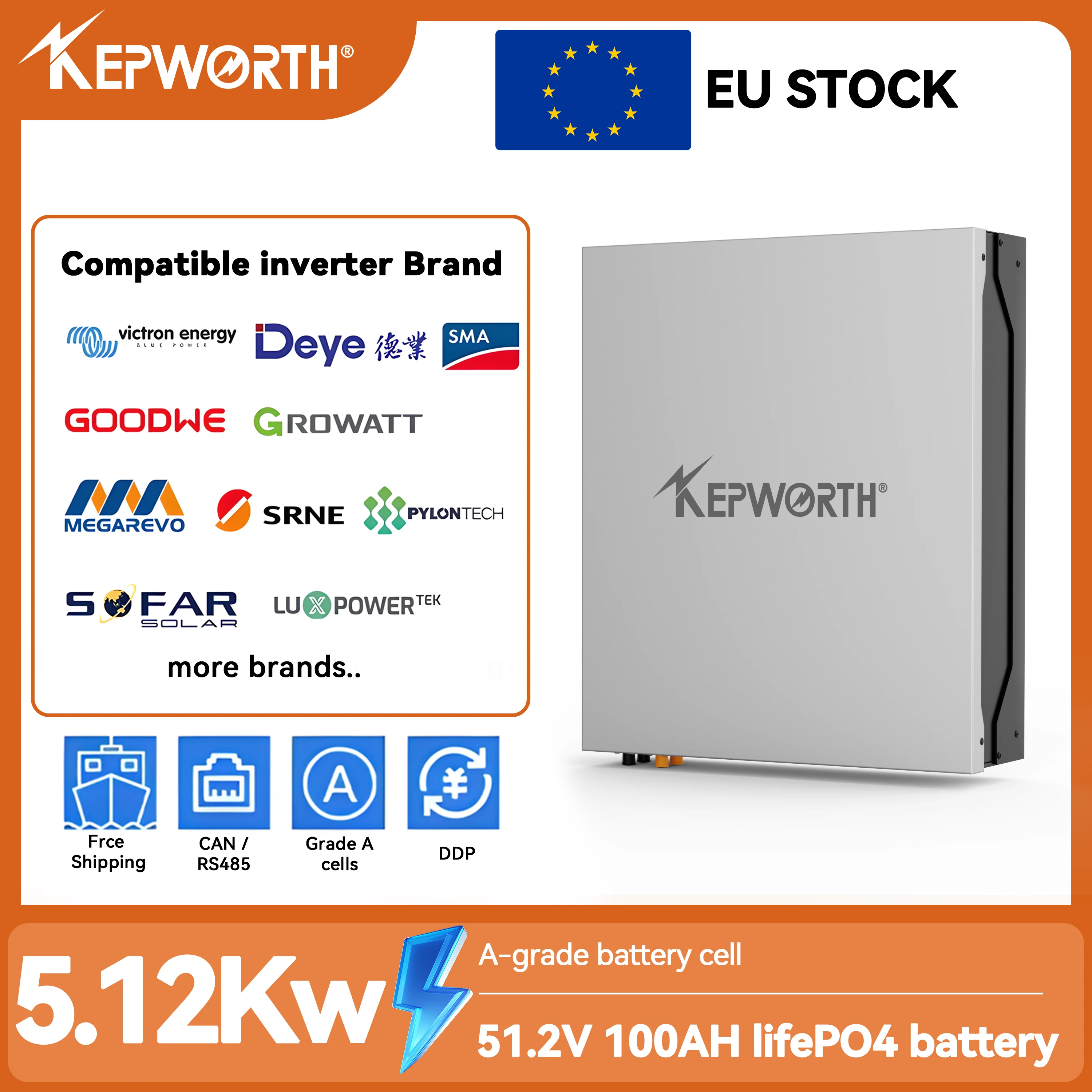 

51.2V 100AH Lithium LiFePO4 Battery,Built-in 100A BMS Max.5120W Power Output,6000+ Cycles,for Solar System,Off-Grid Applications