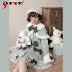 Japanese Style Sweet Cute Bow Plush Cape Collar Single-breasted A-line Slim Fit Thickened Warm Long Woolen Coats Women Winter