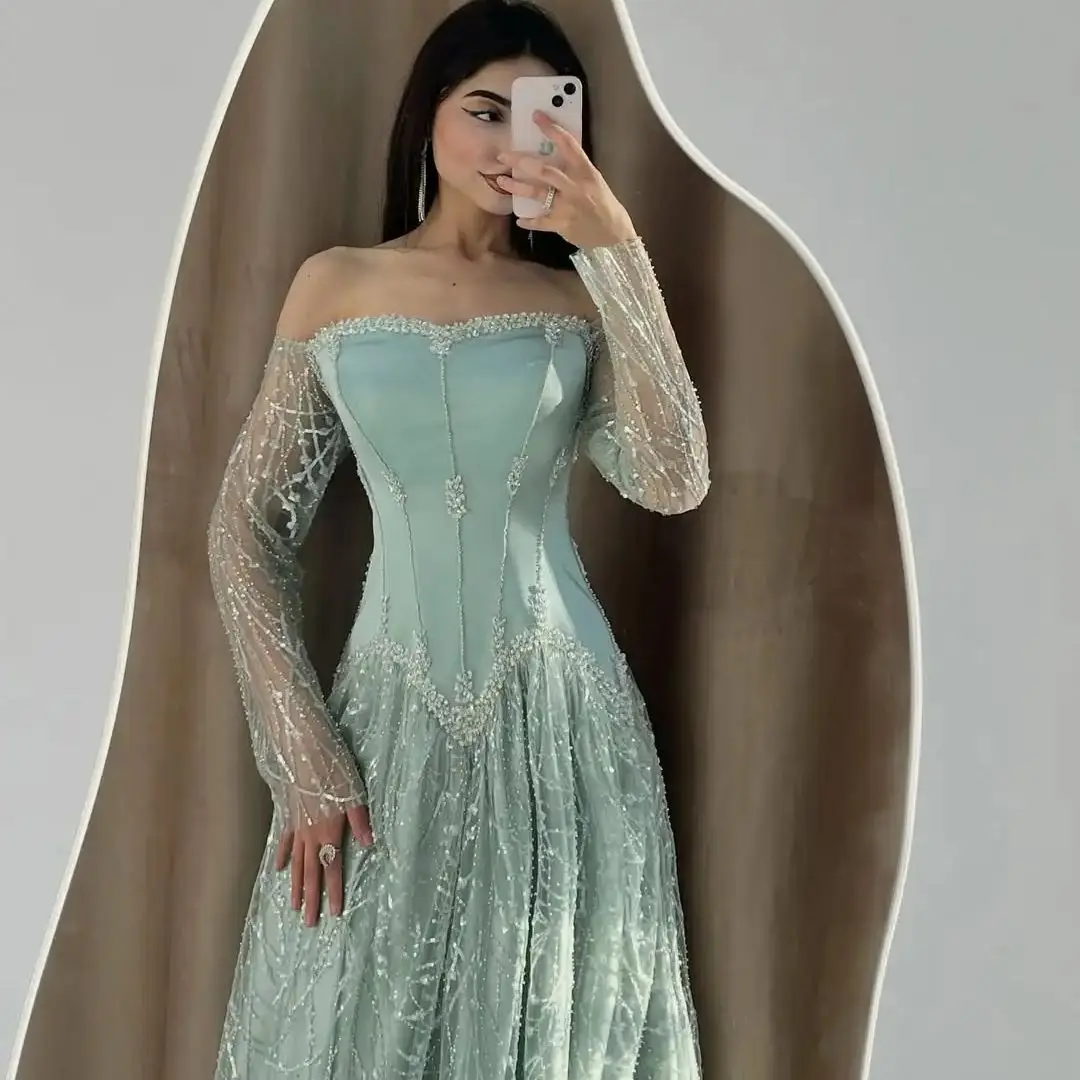 

Elegant Mint Green Luxury Trend Ball Gown Off Shoulder Beaded Sheer Sleeve Sequins Satin Mesh Puffy Evening Prom Party Gown