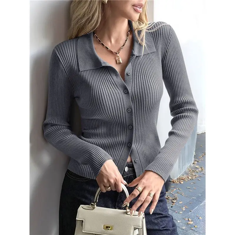 ABKP-여성용 긴 소매 버튼 다운 리브드 니트 가디건 셔츠 캐주얼 슬림 핏 칼라 스웨터 탑