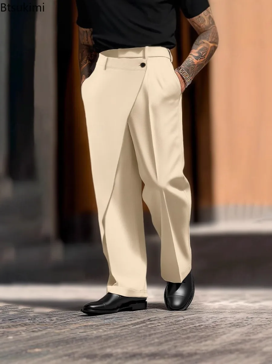 2025 hommes élégant taille irrégulière pantalon été nouveau décontracté couleur unie plissé pantalon droit mâle Streetwear mode pantalon