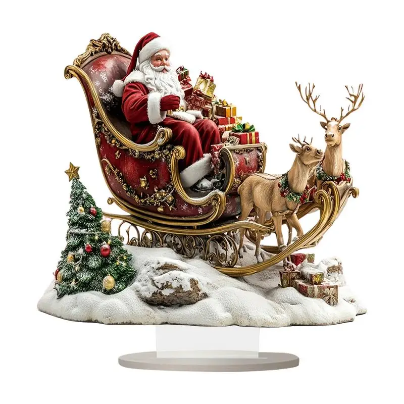 Santa Sleigh And Reindeer Pendant 25cm Santa Sleigh Table Ornaments 2D Acrylic Funny Santa Claus Ornaments For Home Studio