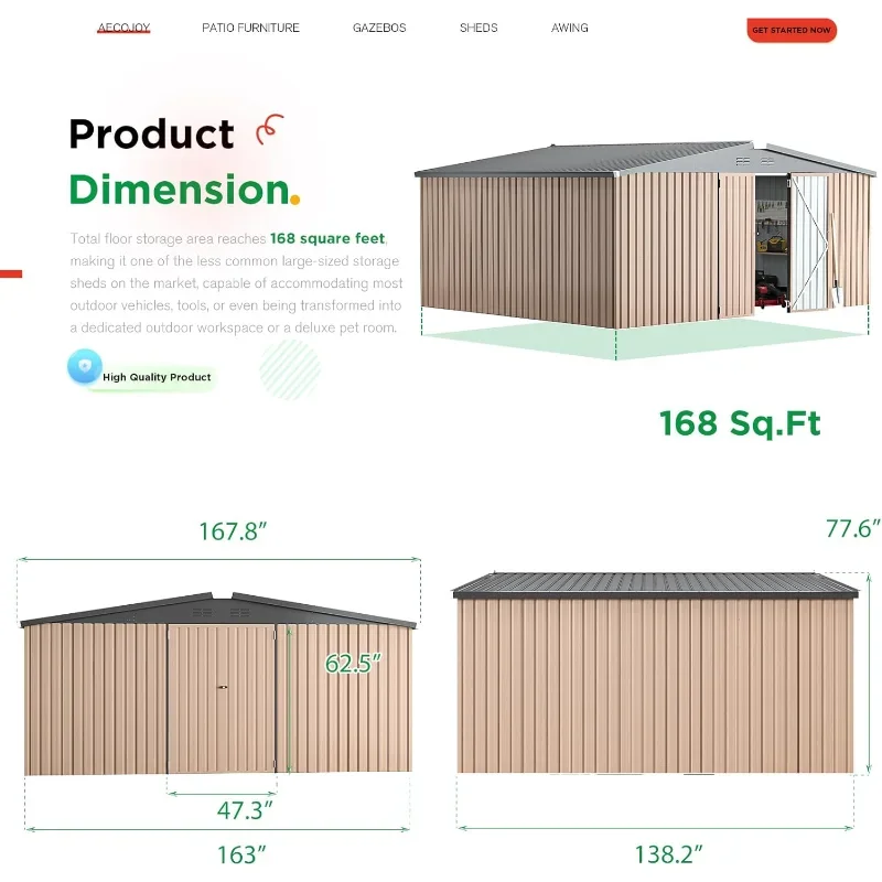 سقيفة تخزين معدنية خارجية مقاس 14 × 12 بوصة، سلال تخزين كبيرة وتخليص تخزين خارجي مقاس 14 × 12 بوصة، سقيفة ساحة فولاذية كبيرة