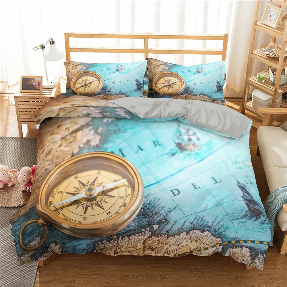 

Teens Bedding Set Retro Map Compass Duvet Cover King Queen Bed Cover 220x240 Nautical Adventure Bedclothes Single Twin Size