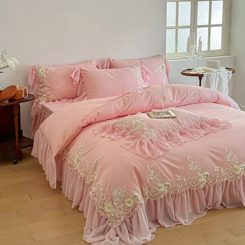 Elegant Lace Rose Embroidery Bedding Sets French Style Luxury 100% Cotton Pink Princess Ruffles Quilt Cover Bed Skirt Pillowcase