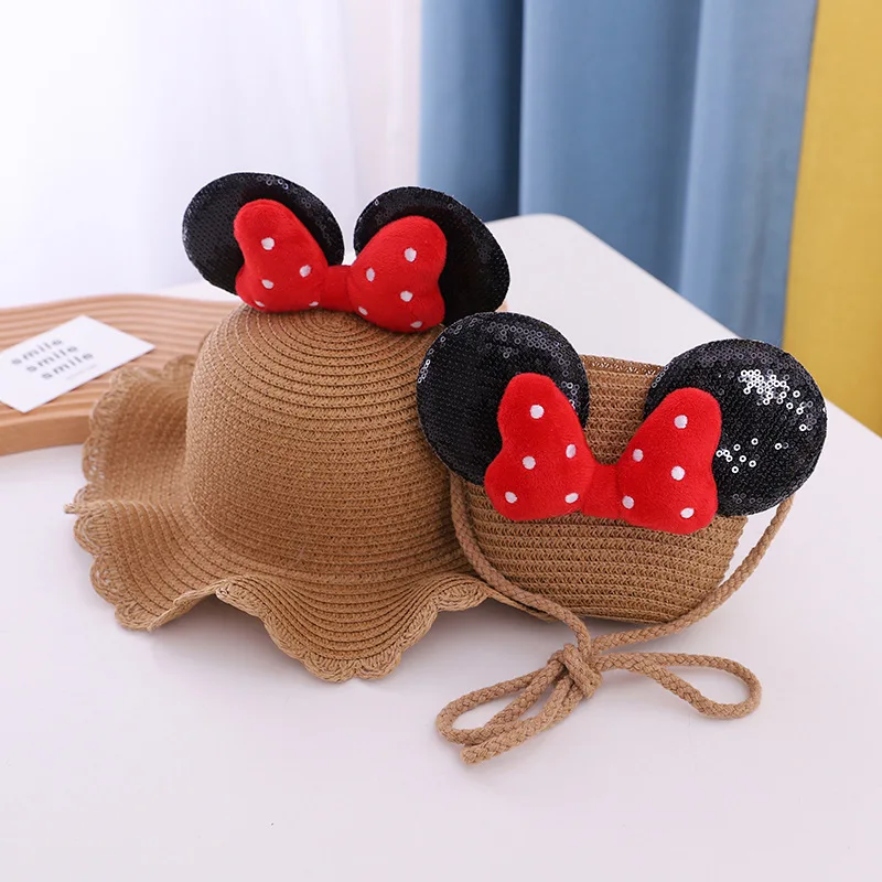 2pcs Bowknot Children Girl Straw Hat Bag Set Kids Summer Holiday Fisherman Hats Baby Princess Outdoor Beach Straw Sun Cap