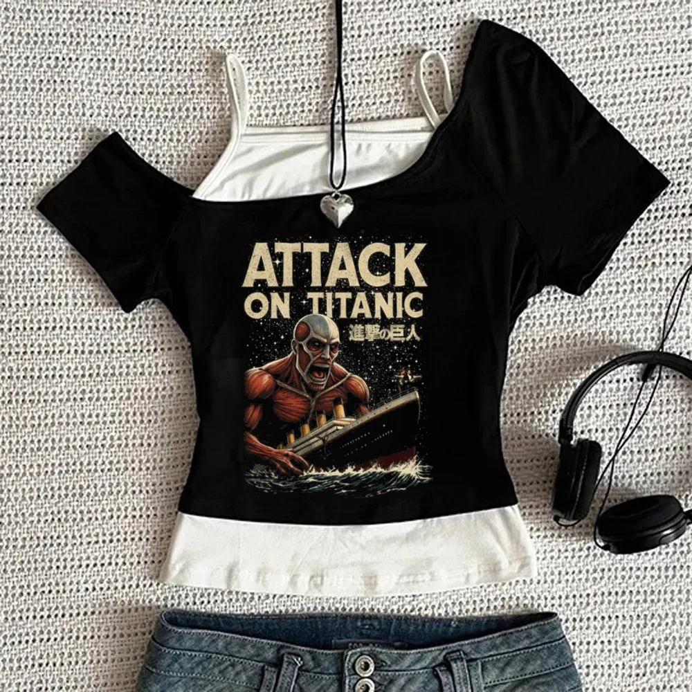 Attack on Titanic cropped top girl emo graphic japanese top tees cute graphic y2k 2000s cutecore