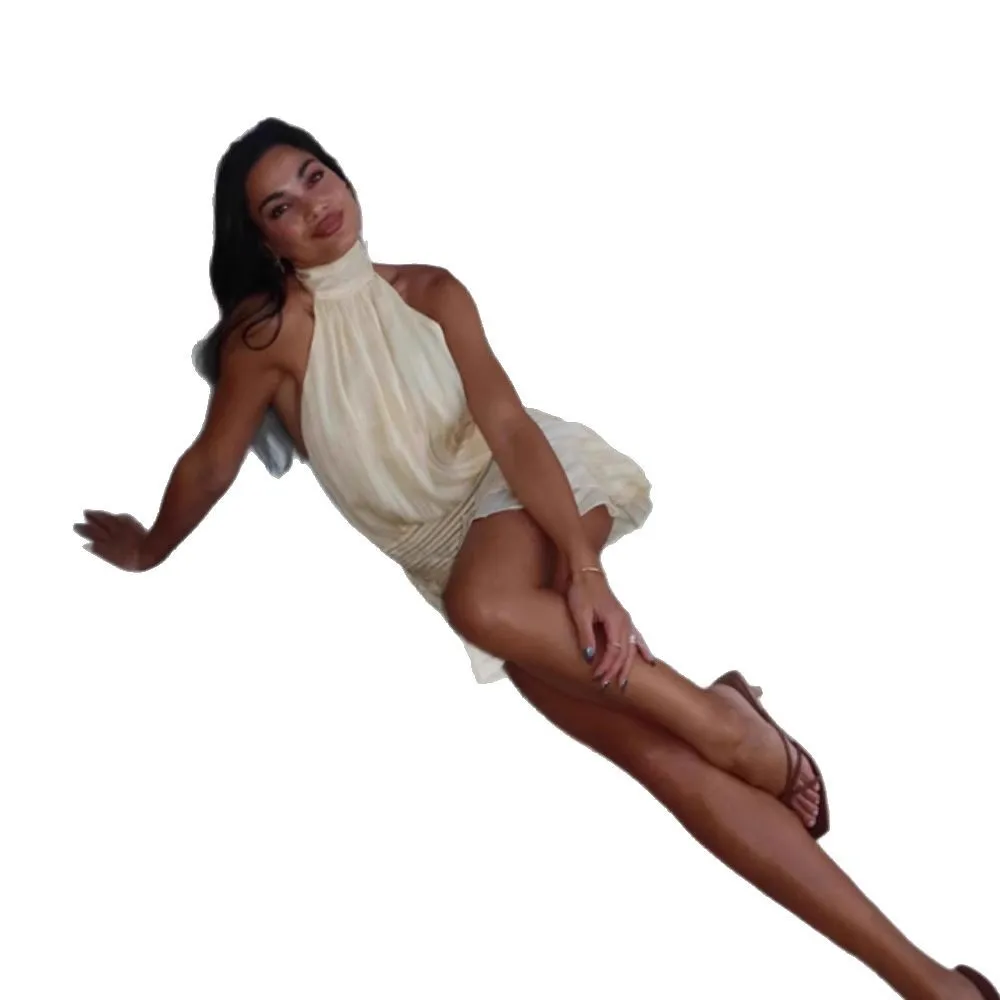 Ele Pure Color ter Ne ort Dr with Pleated Hemline Vaion Sle High Waist No Sve Fairy Skirt Summer Dr