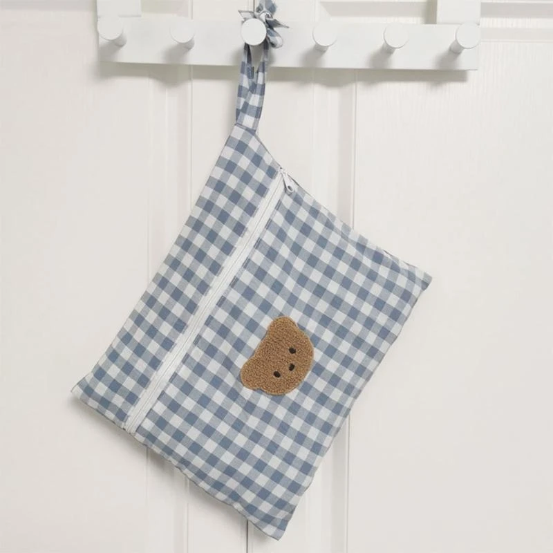 E7CE Embroidered Bear Baby Stroller Hanging Bag Diaper Pods Clothing Bedside Storage Bag Nappy Cloth Bag