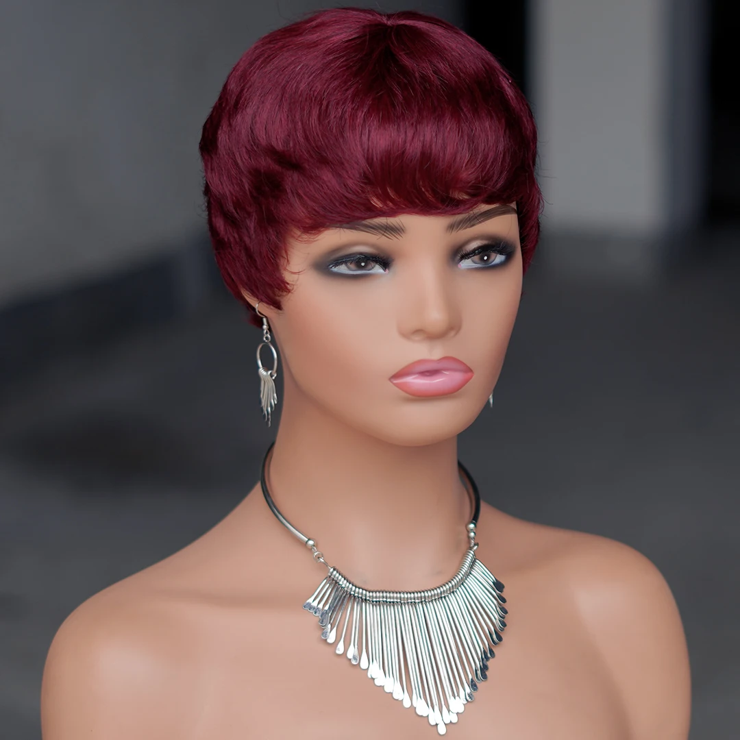 

Короткие волнистые парики из натуральных волос 99J Pixie Cut с челкой, 6 дюймов, полностью машинной работы, из бразильских натуральных волос Remy для женщин.